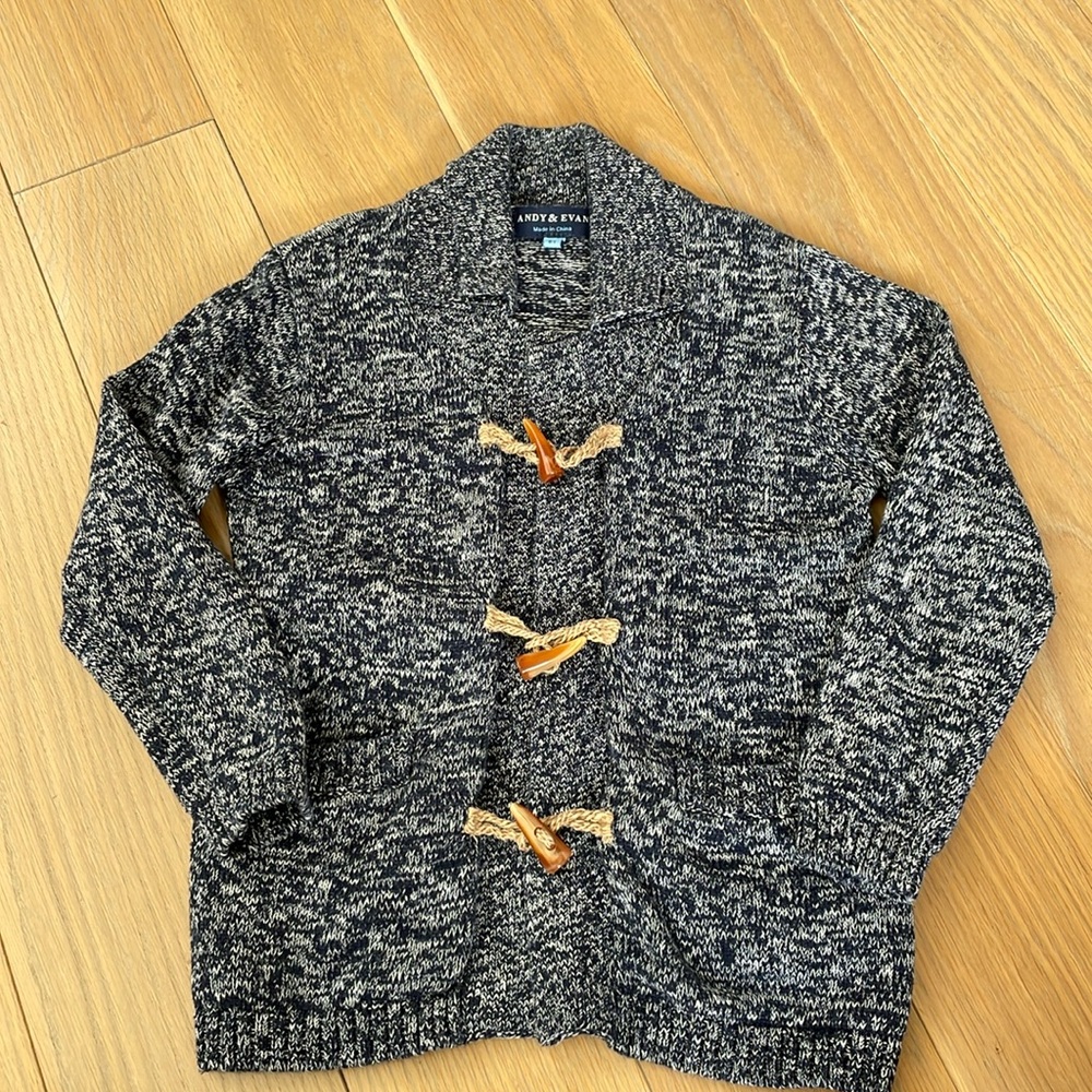 Andy & Evan navy blue white marled shawl collar cardigan horn toggle buttons 6